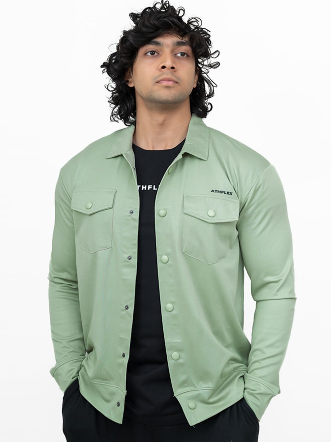 

Athflex Spread Collar Windcheater Denim Jacket, Green