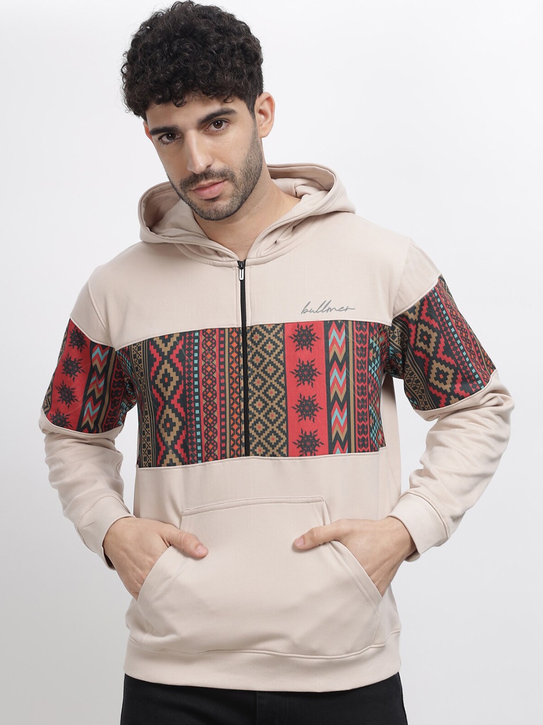 

BULLMER Men Grey Melange Printed Hooded Sweatshirt