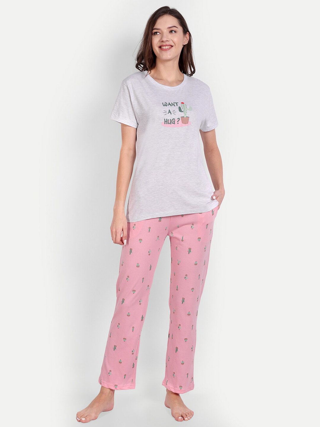 

Bedtime story Round Neck Printed Pure Cotton T-Shirt & Pyjama, Grey melange