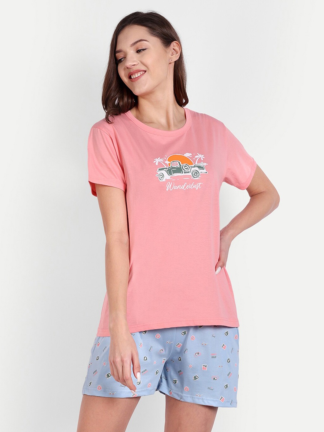 

Bedtime story Printed Pure Cotton T-shirt With Printed Shorts, Pink
