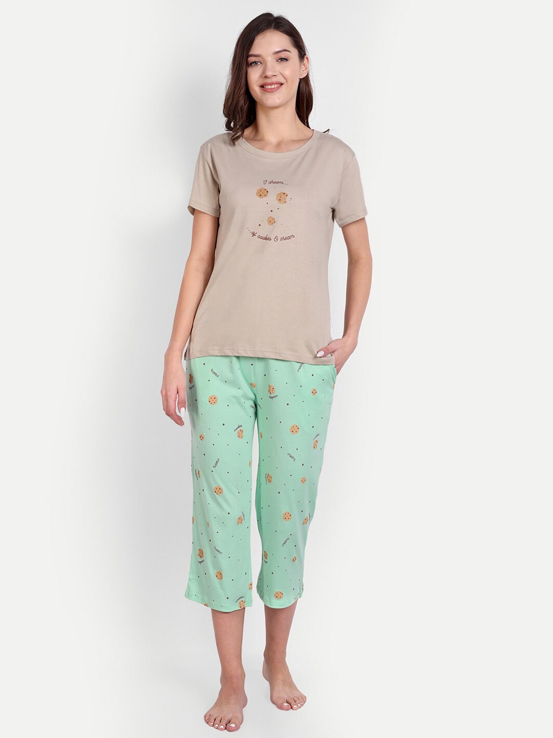 

Bedtime story Round Neck Printed Pure Cotton T-Shirt & Capris, Green