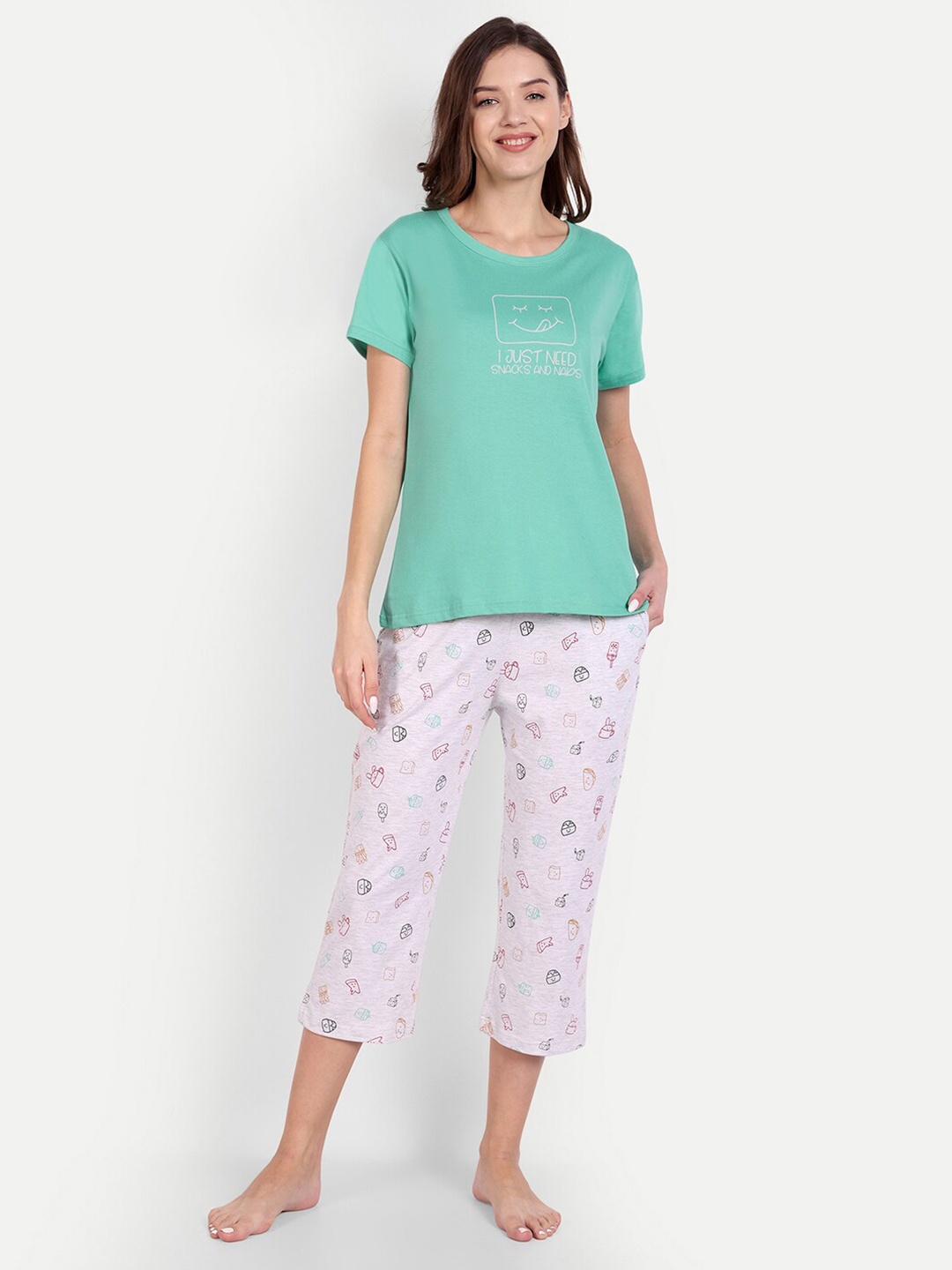 

Bedtime story Conversational Printed Pure Cotton T-shirt With Capris, Sea green