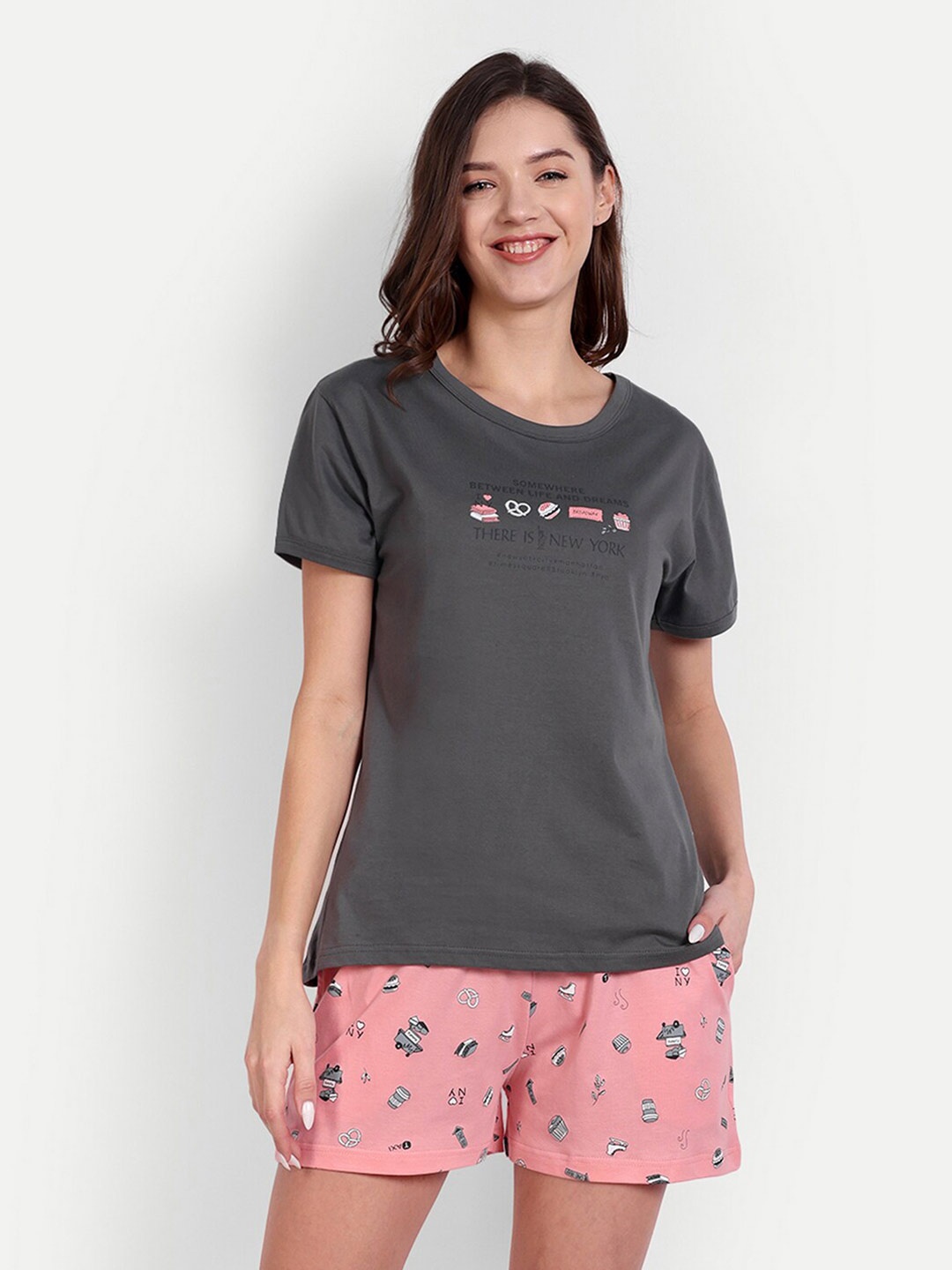 

Bedtime story Printed Pure Cotton T-shirt With Printed Shorts, Grey