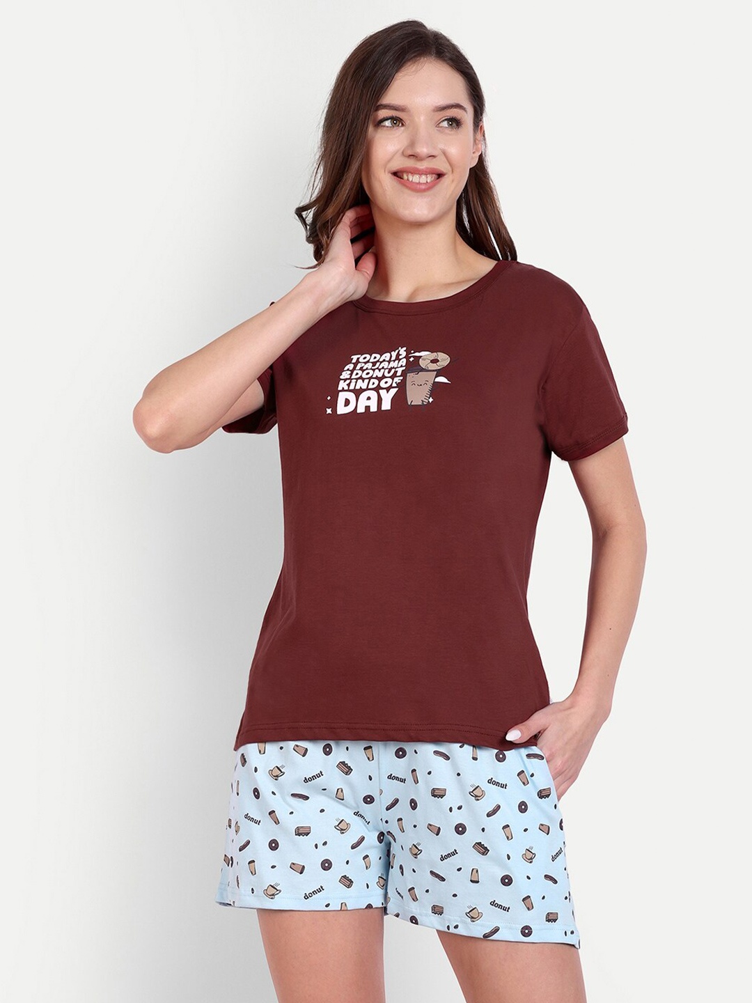 

Bedtime story Round Neck Printed Pure Cotton T-Shirt & Pyjama, Maroon