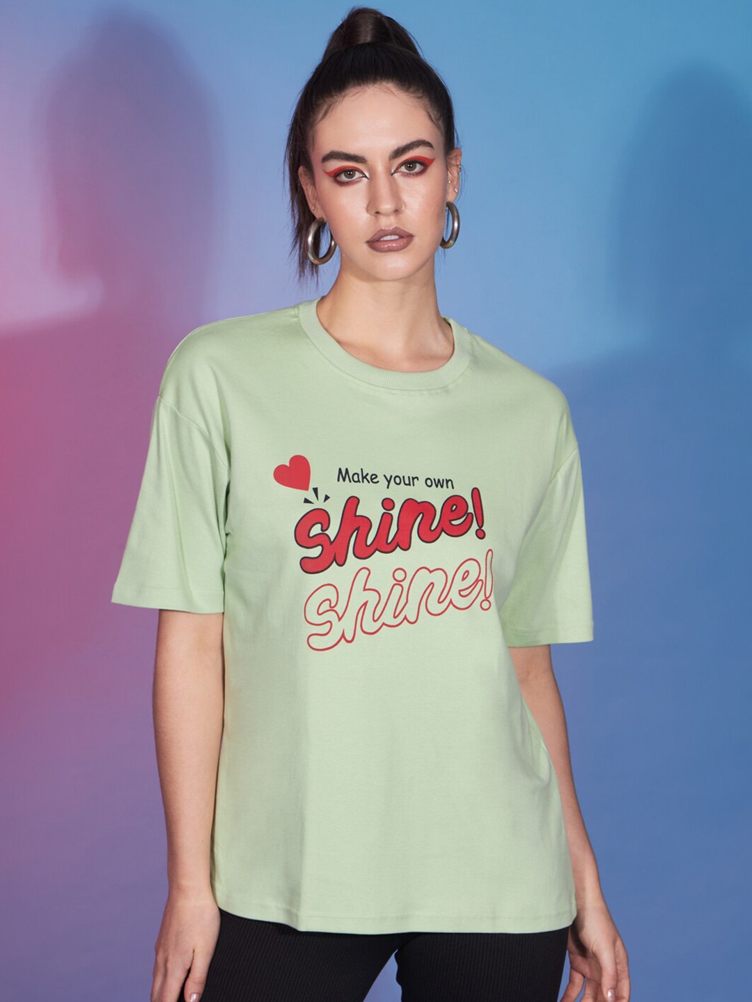 

GUTI Typography Printed Drop Shoulder Sleeves Cotton Oversized T-shirt, Green