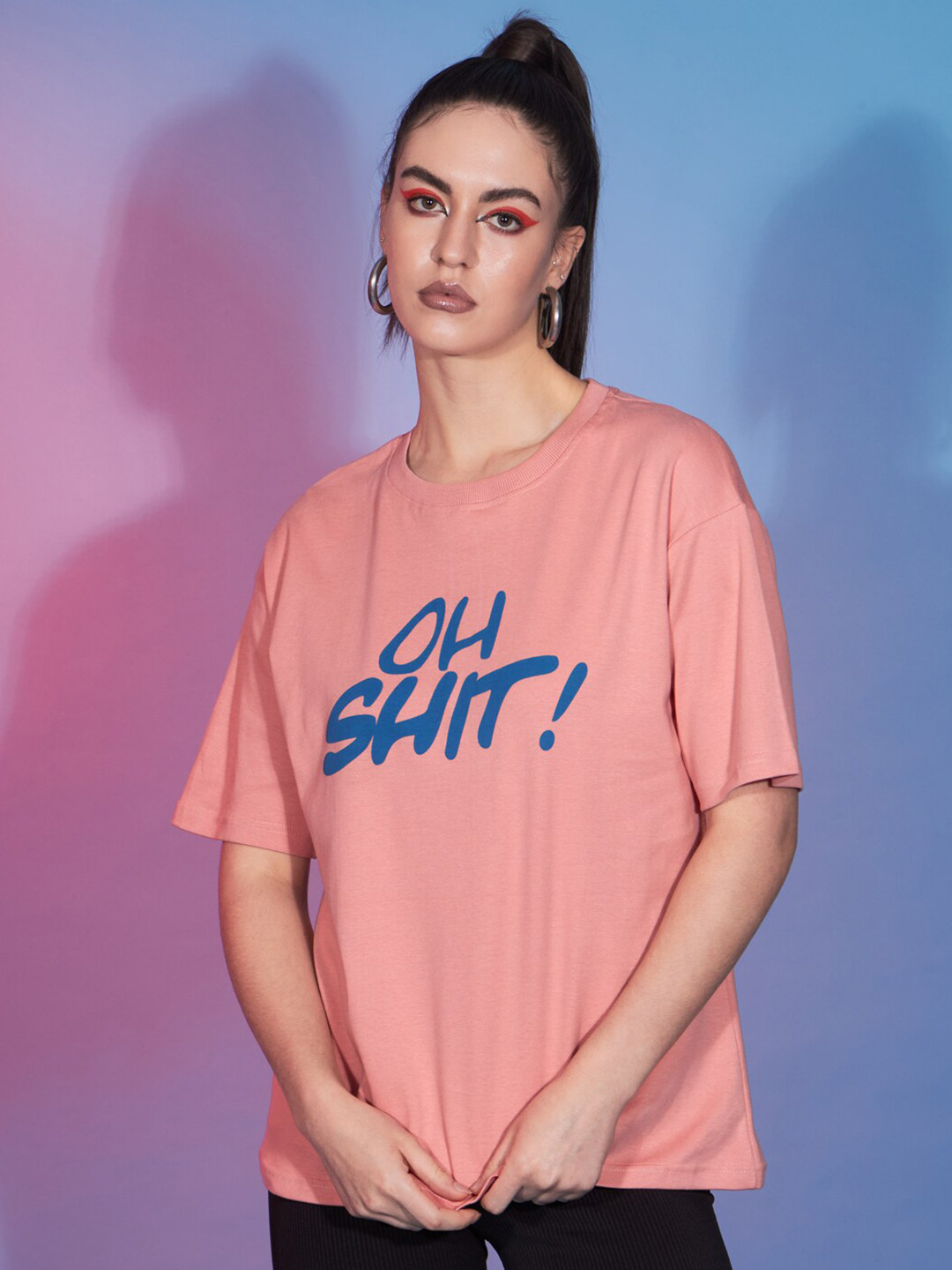 

GUTI Typography Printed Drop-Shoulder Sleeves Oversized Cotton T-shirt, Pink