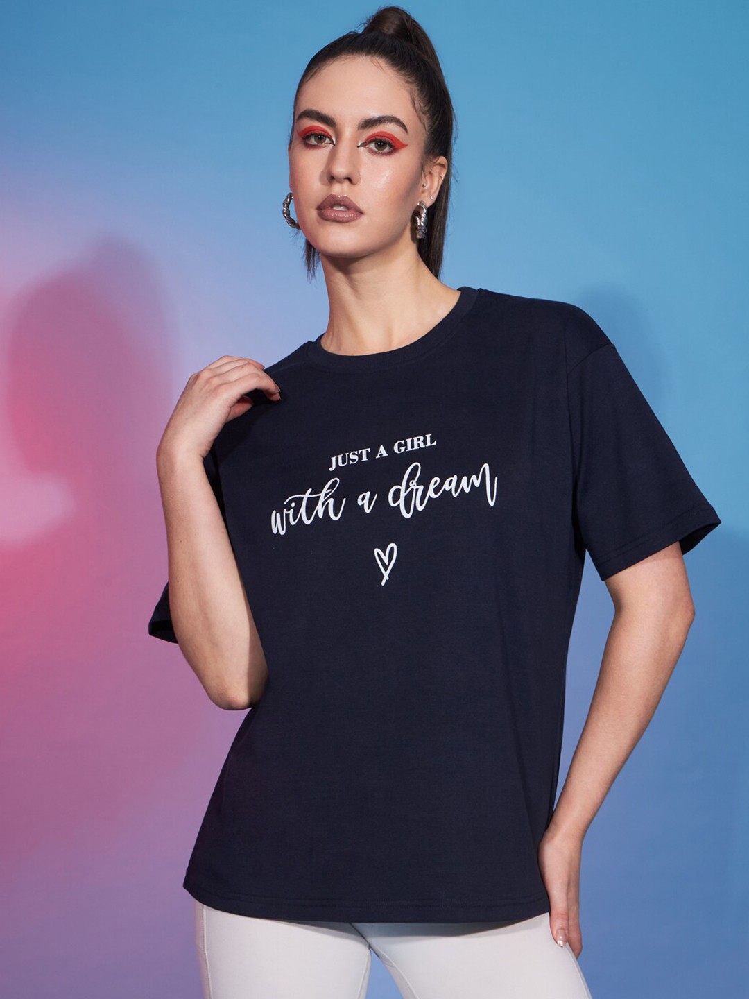 

GUTI Typography Printed Cotton Oversized T-shirt, Navy blue