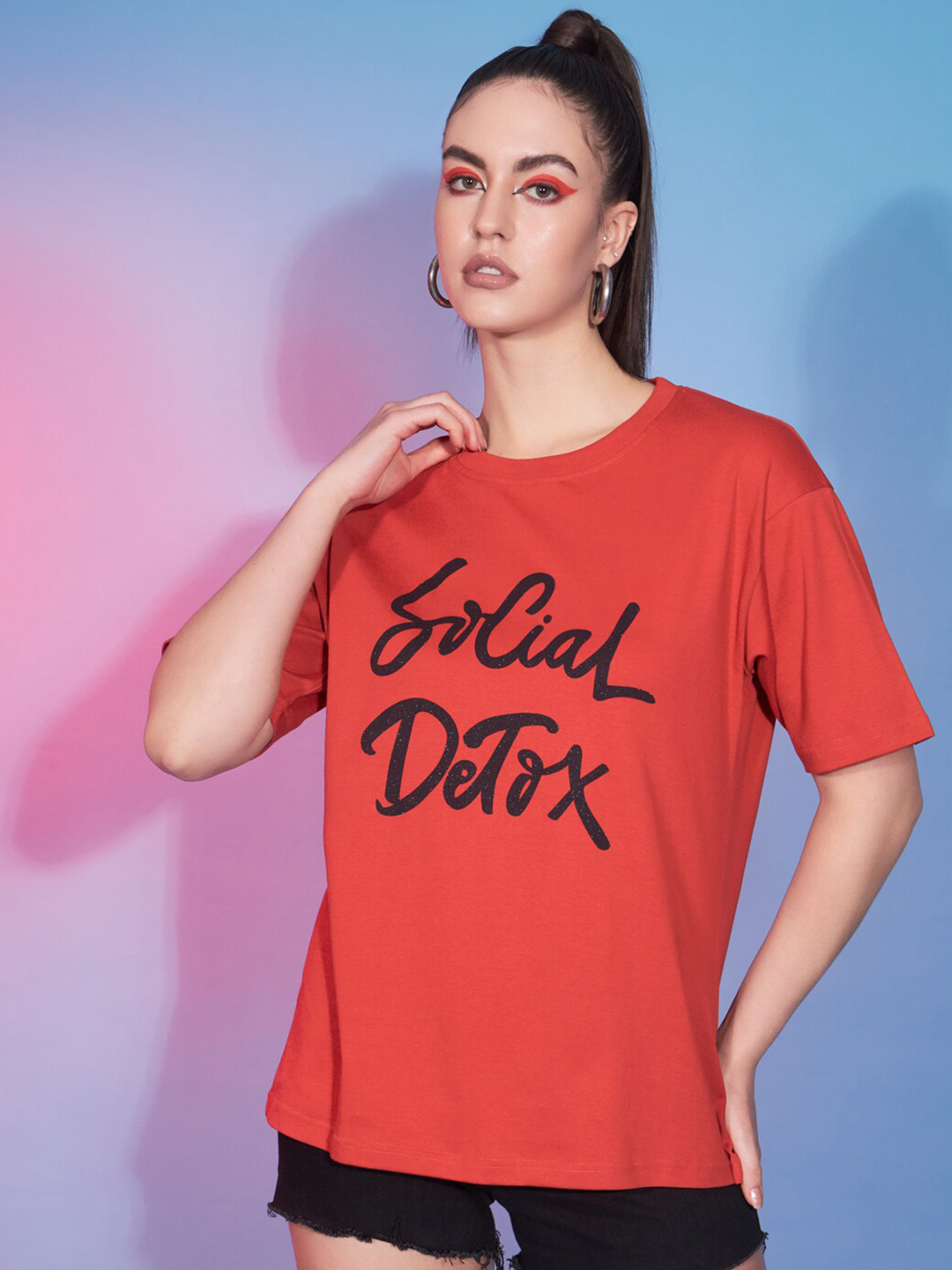 

GUTI Oversized Typography Printed Drop-Shoulder Sleeves Cotton Casual T-shirt, Red