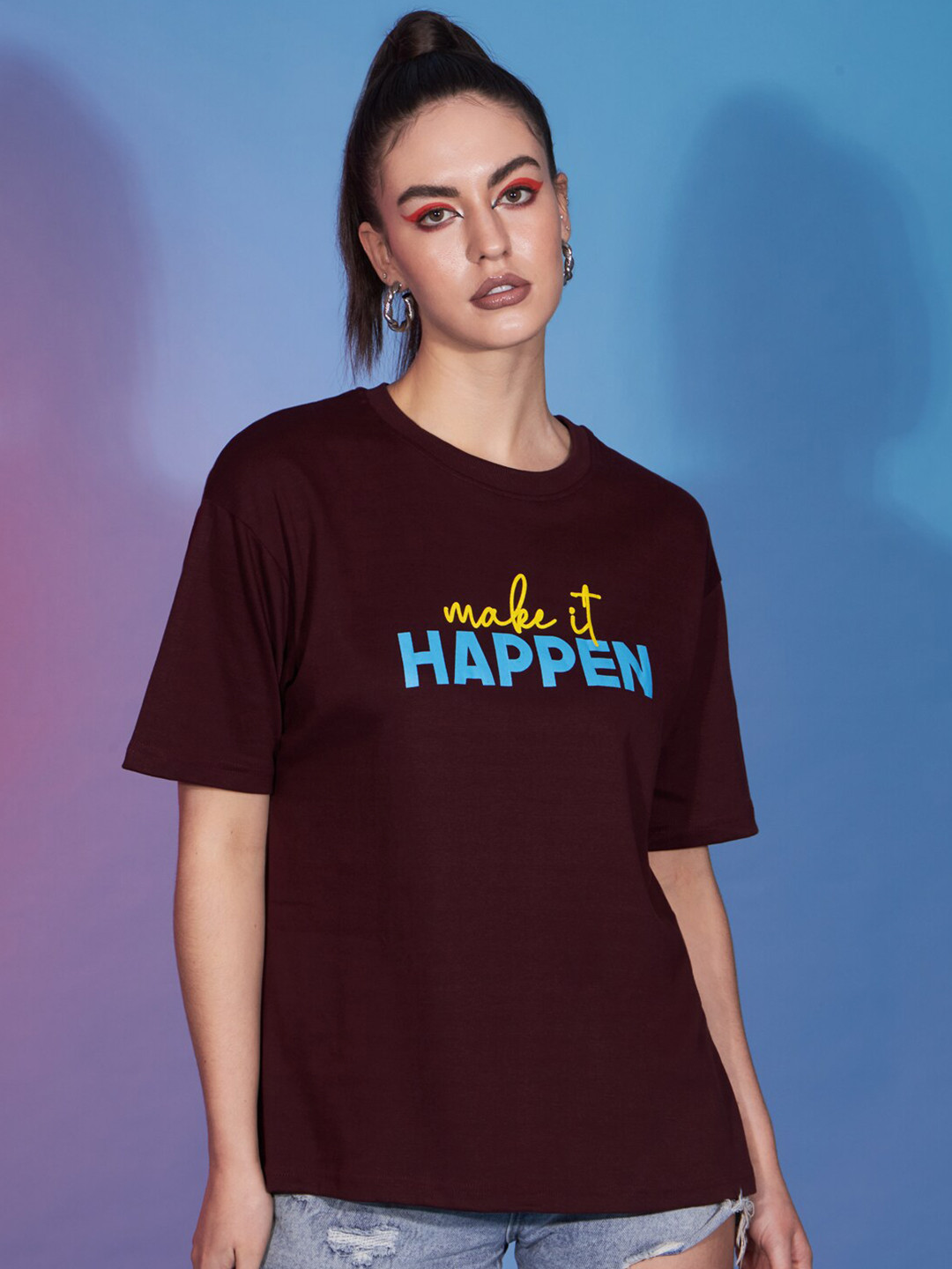 

GUTI Typography Printed Drop-Shoulder Sleeves Oversized Cotton T-shirt, Maroon