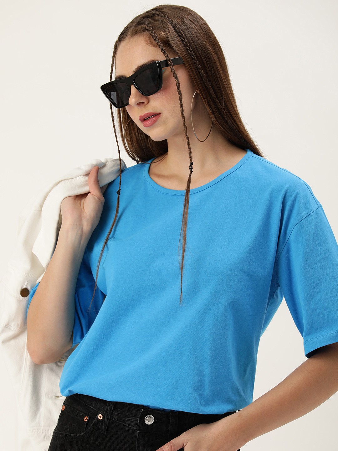 

Kook N Keech Women Solid Oversized Pure Cotton T-shirt, Turquoise blue