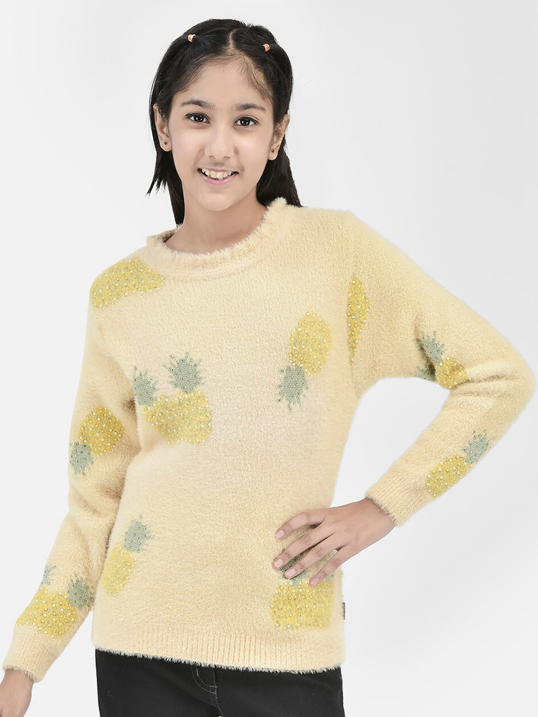 

Crimsoune Club Girls Printed Boucle Pullover, Beige