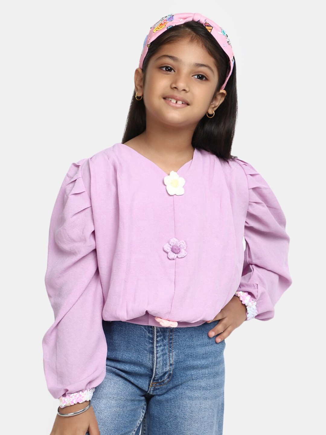 

V-Mart Tie-Up Neck Cotton Blouson Top, Purple