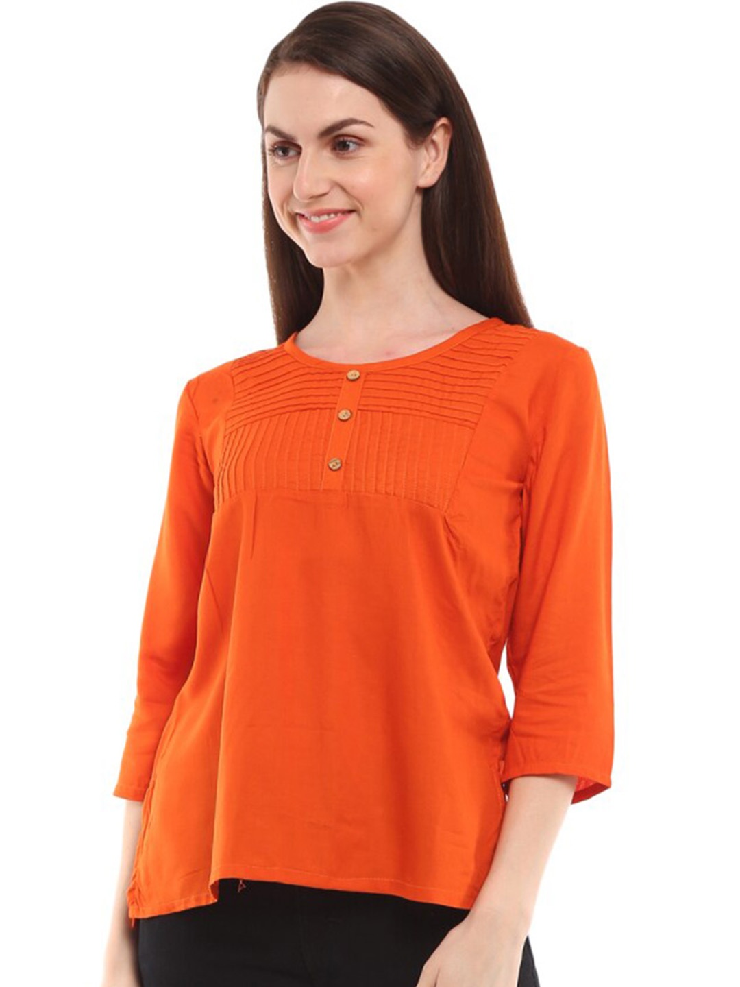 

V-Mart Round Neck Three-Quarter Sleeves Straight Kurti, Orange