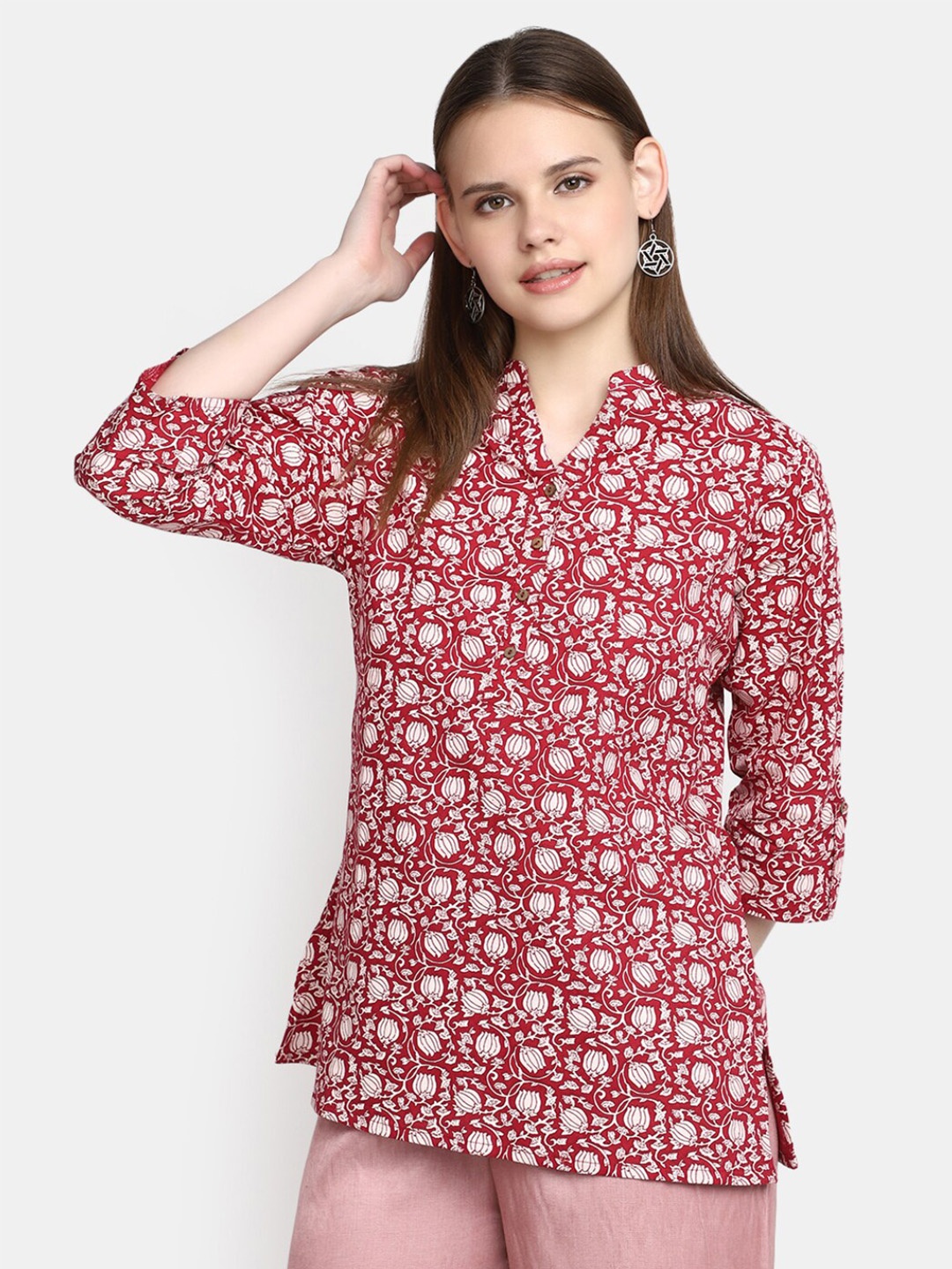 

V-Mart Floral Printed Mandarin Collar Pure Cotton Kurti, Maroon