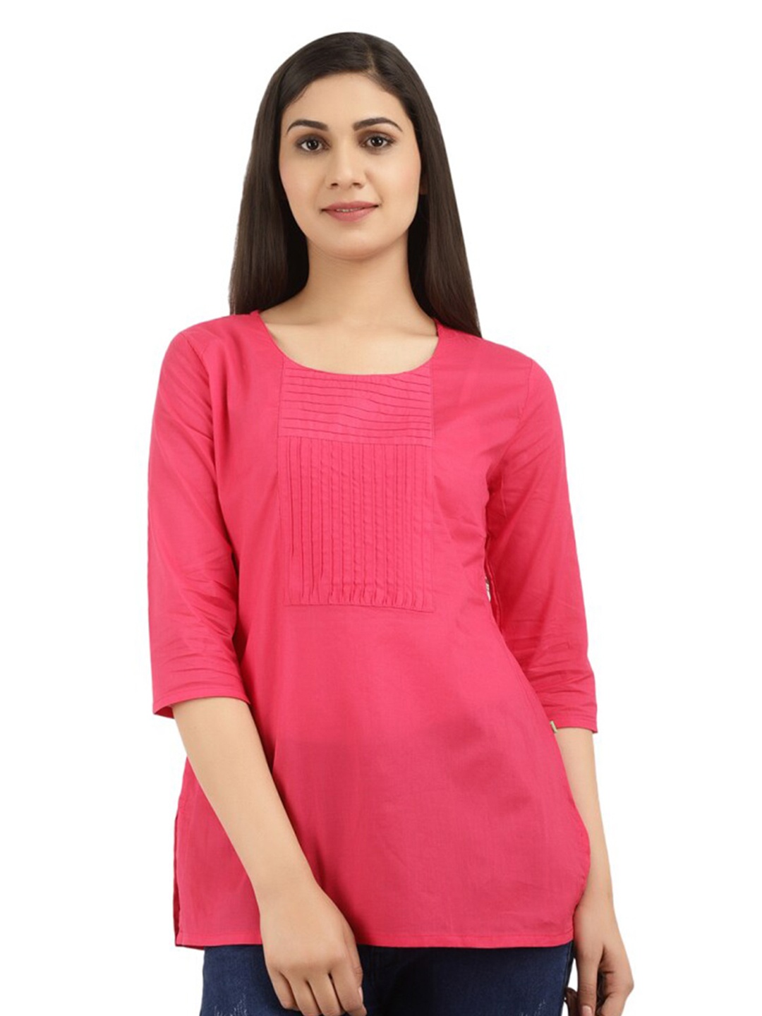 

V-Mart Pleated Detail Round Neck Pure Cotton Kurti, Fuchsia