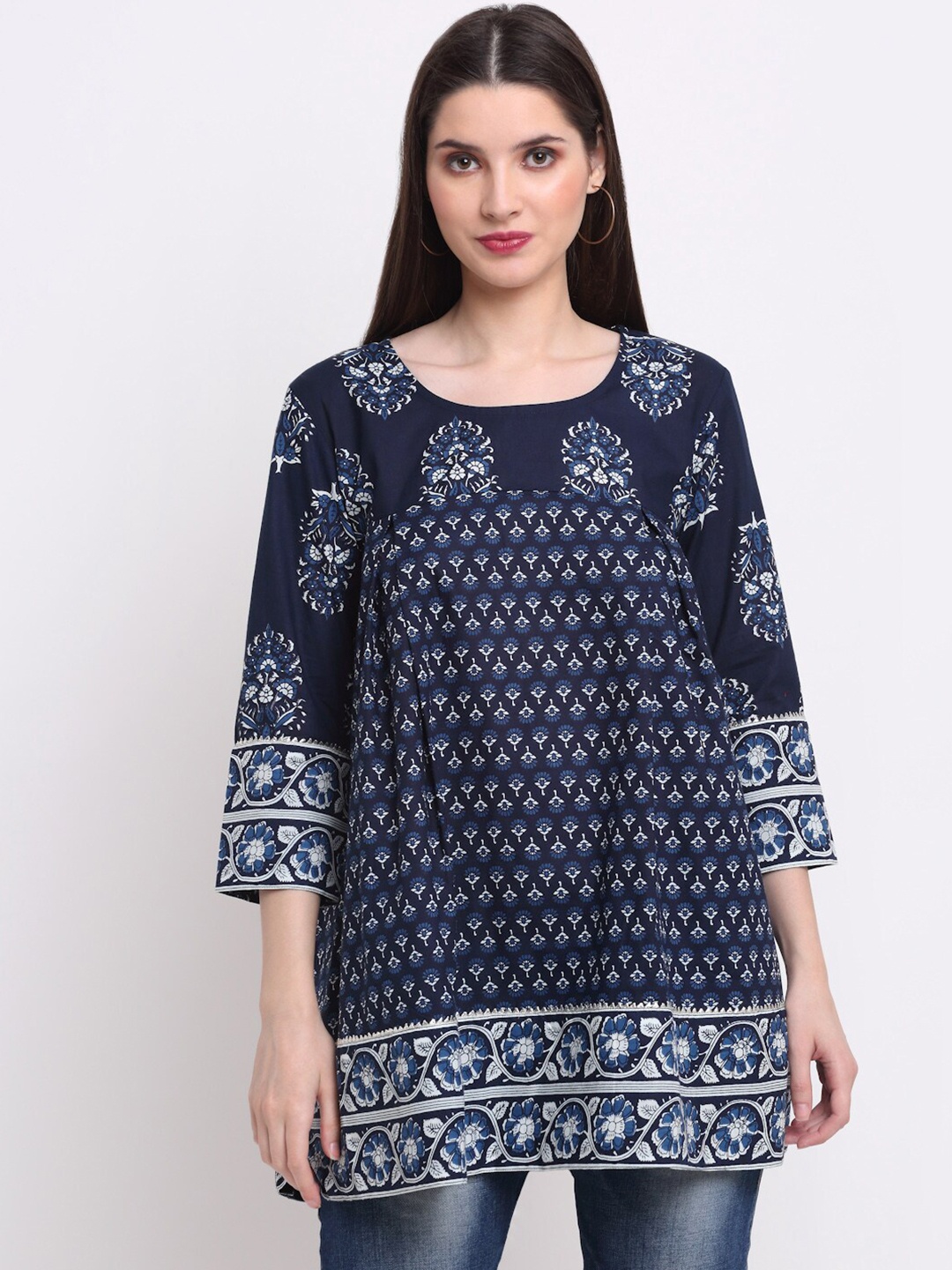 

KALINI Ethnic Motifs Printed Cotton Longline Top, Navy blue