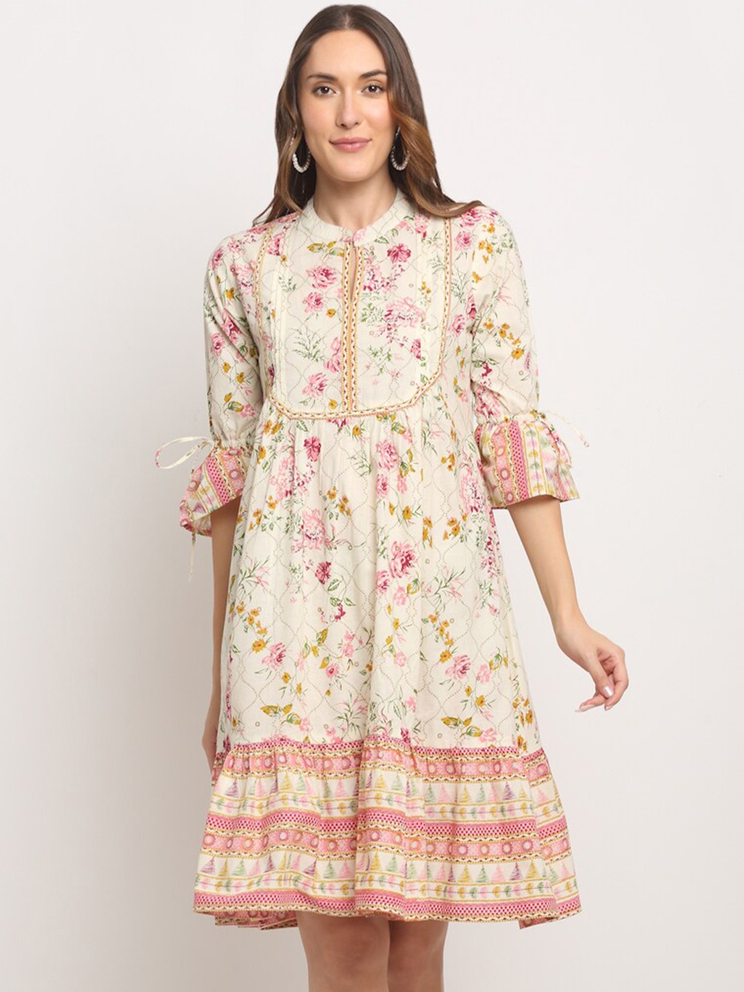 

KALINI Floral Print Bell Sleeve Cotton Dress, Off white