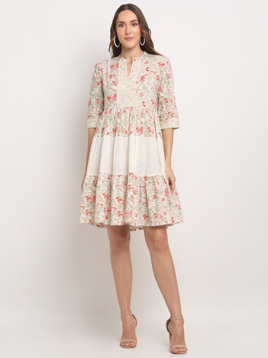 

KALINI Floral Printed Mandarin Collar Gathered Tiered Cotton A-Line Dress, White