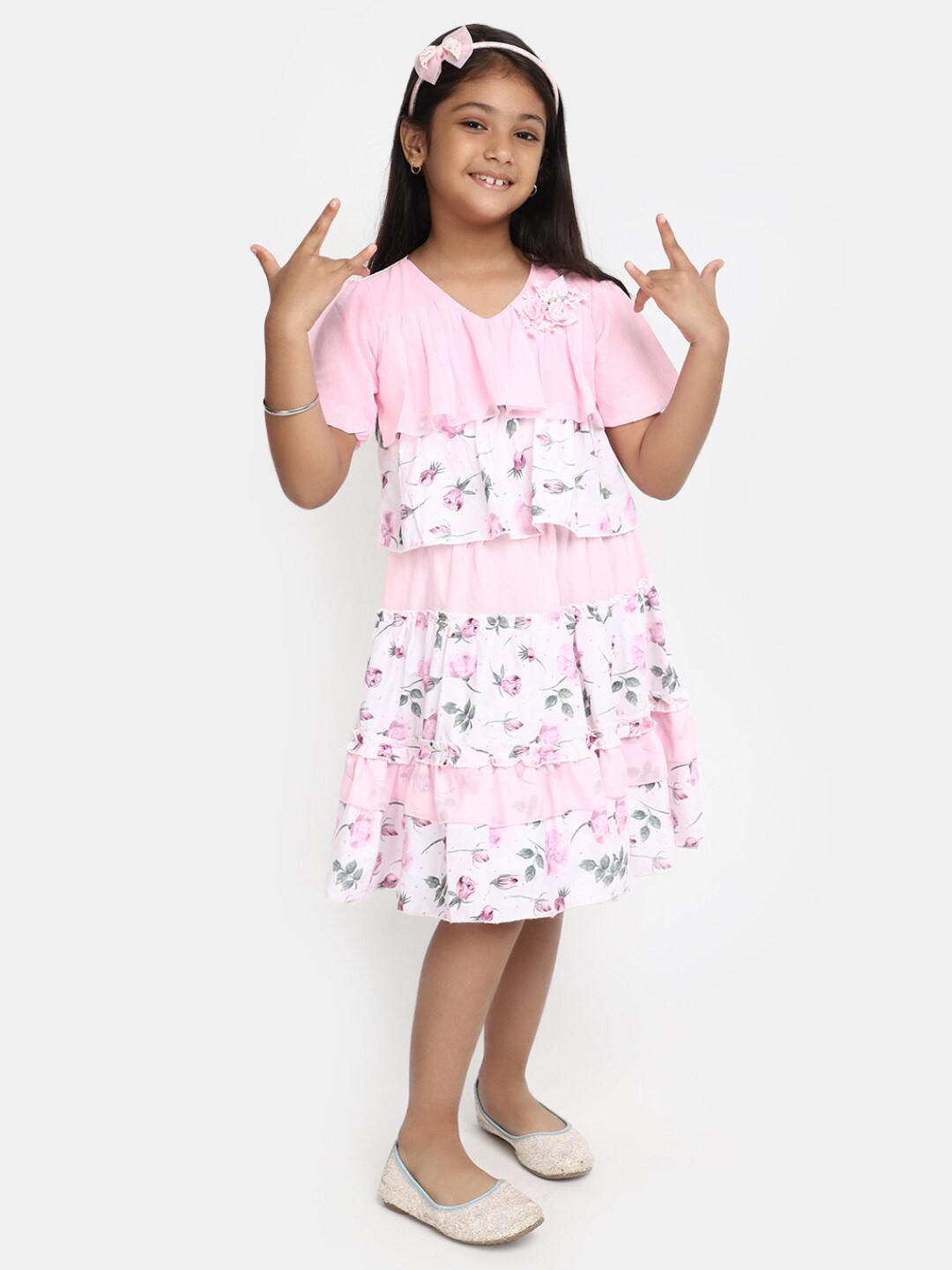 

V-Mart Girls Floral Printed V-Neck Layered Cotton A-Line Midi Dress, Pink