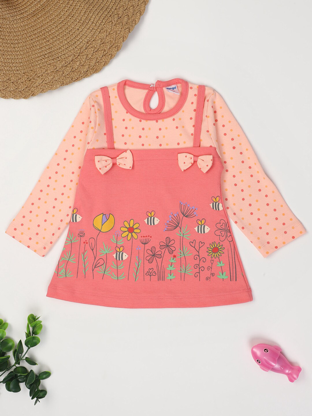 

V-Mart Infant Girls Conversational Printed Long Sleeve Bow Pure Cotton A-Line Dress, Coral