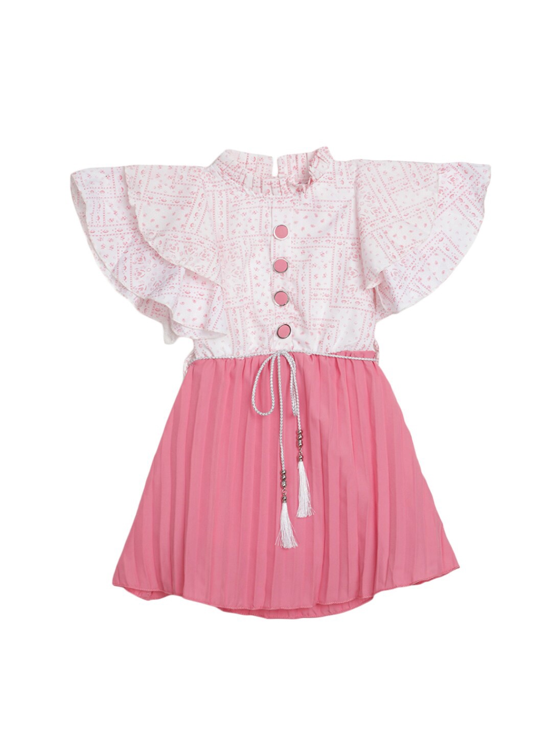 

V-Mart Girls Floral Printed Flared Sleeve Tie-Up Cotton Fit & Flare Dress, Pink
