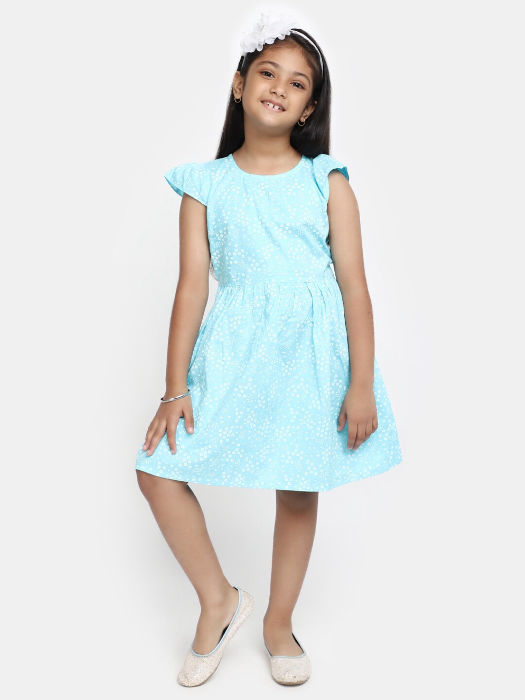 

V-Mart Girls Polka Dots Printed Cap Sleeves Cotton Fit & Flare Dress, Blue