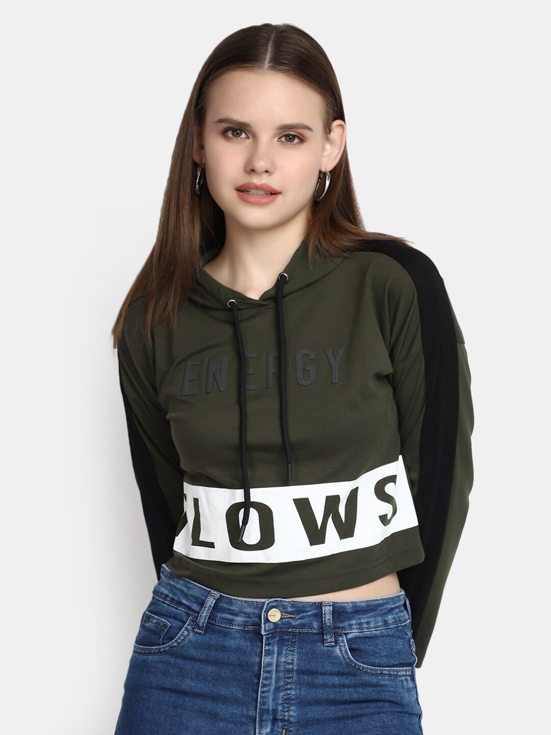 

V-Mart Typography Printed Hooded Cotton Crop T-Shirt, Olive