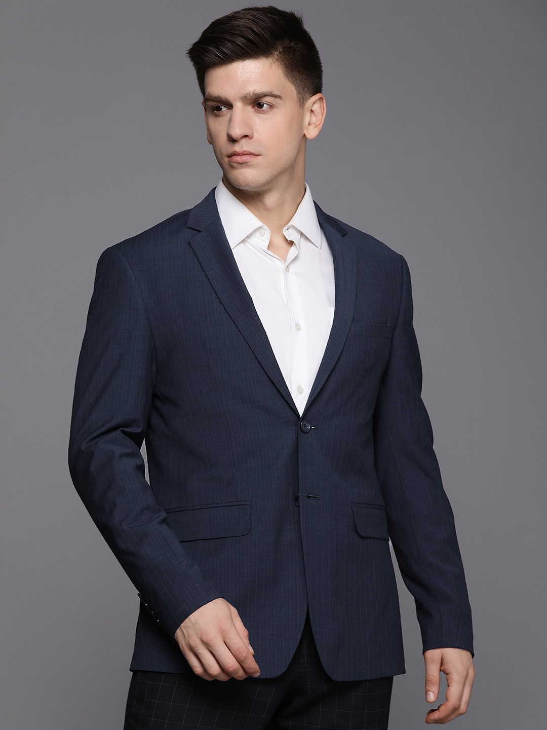 

Louis Philippe Checked Slim-Fit Single-Breasted Formal Blazer, Navy blue