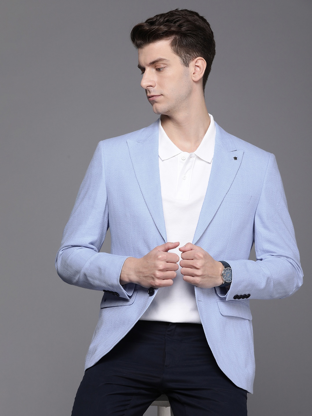 

Louis Philippe Cotton Linen Textured Single-Breasted Slim Fit Formal Blazer, Blue