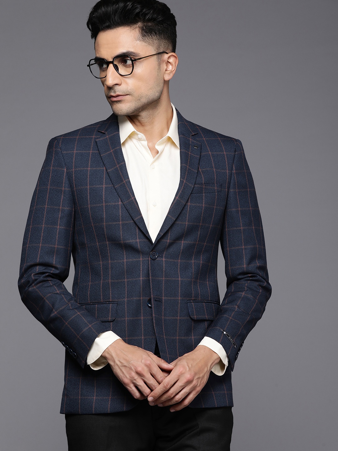

Louis Philippe Checked Slim Fit Single-Breasted Formal Blazer, Navy blue