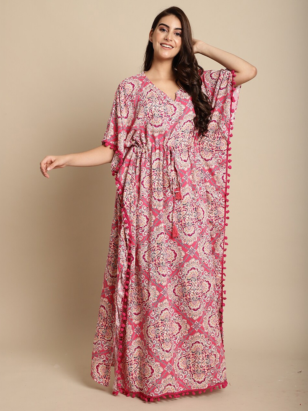 

Secret Wish Ethnic Motifs Printed V-Neck Maxi Kaftan Nightdress, Pink