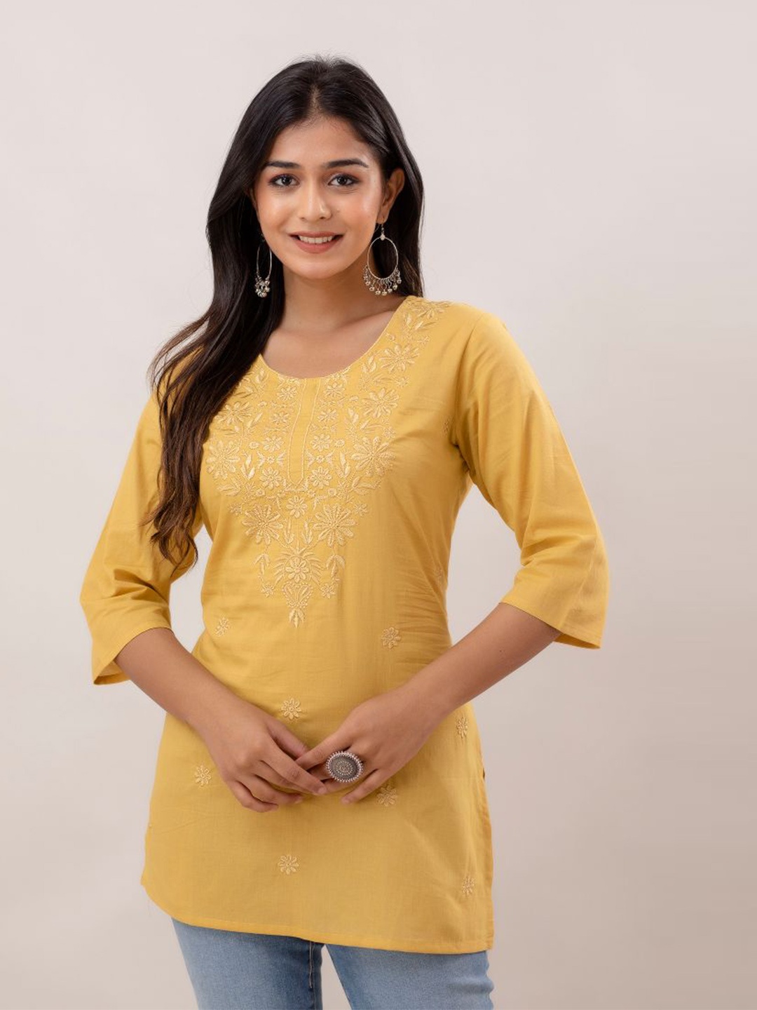 

METRO-FASHION Floral Embroidered Cotton Kurti, Yellow