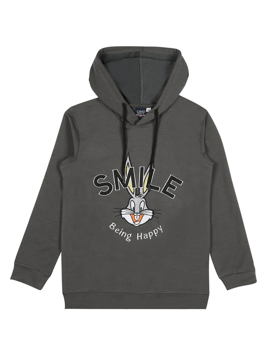 CAVIO Boys Bunny Printed Hooded Cotton Sweatshirt, Grey