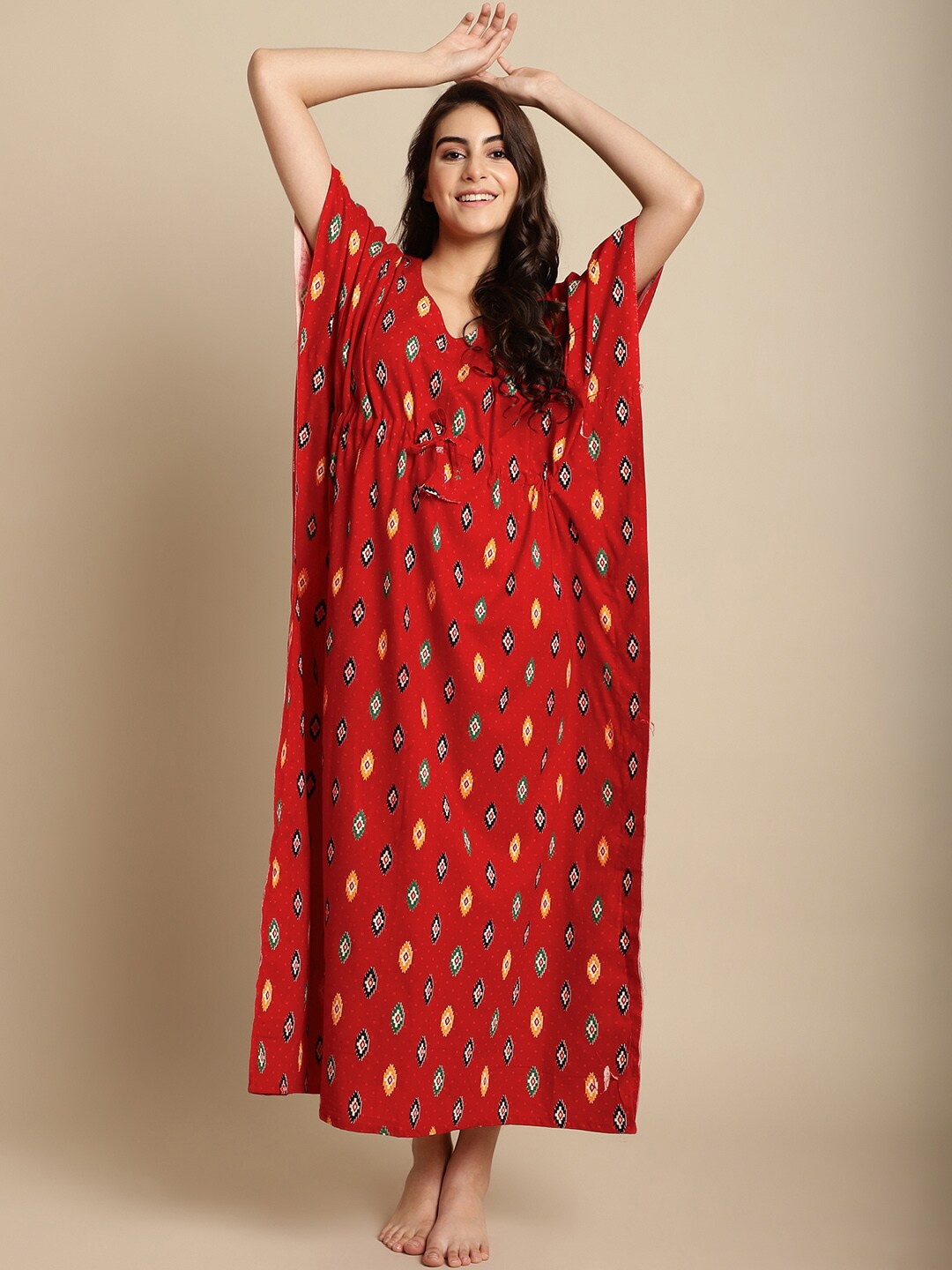 

Secret Wish Geometric Printed V-Neck Pure Cotton Maxi Kaftan Nightdress, Red