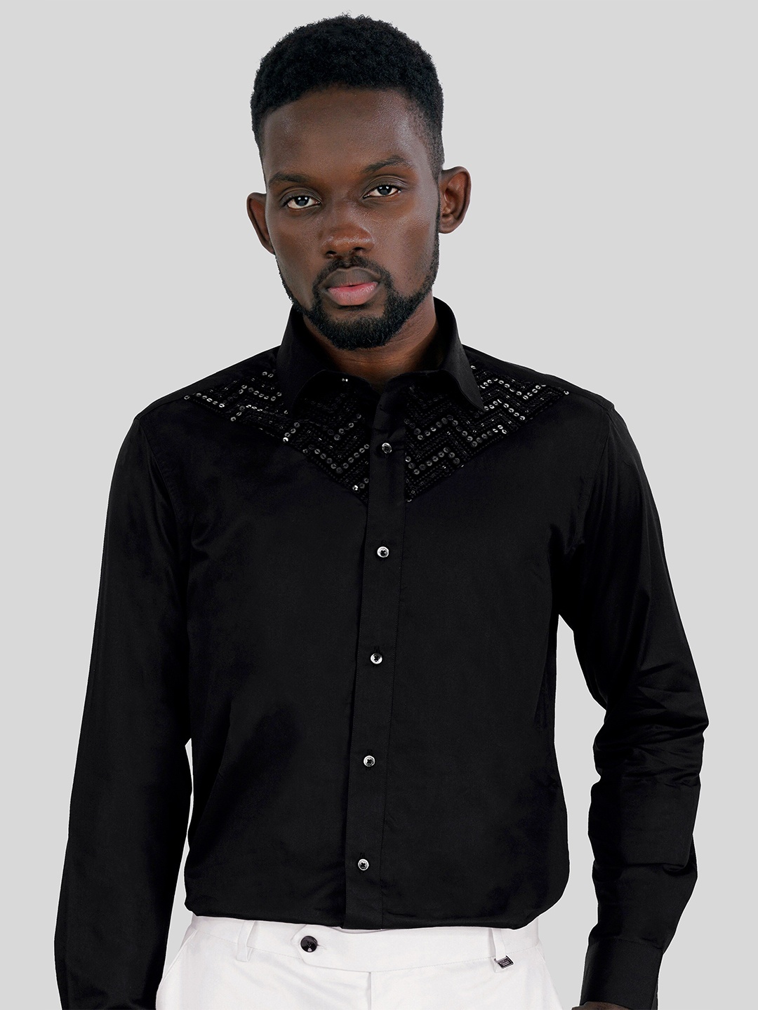 

FRENCH CROWN Standard Fit Sequinned Velvet Designer Shirt, Black