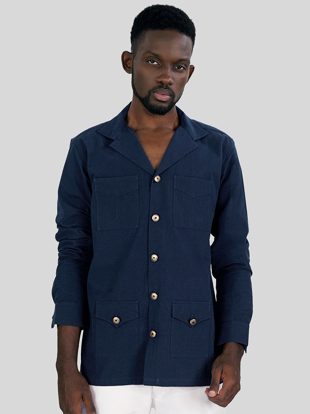 

FRENCH CROWN Standard Cuban Collar Cotton Casual Shirt, Blue