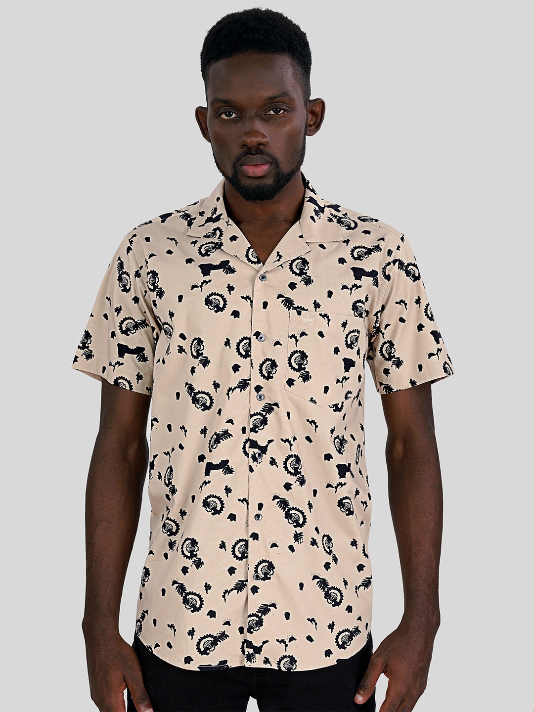 

FRENCH CROWN Standard Floral Printed Spread Collar Regular Fit Cotton Casual Shirt, Beige