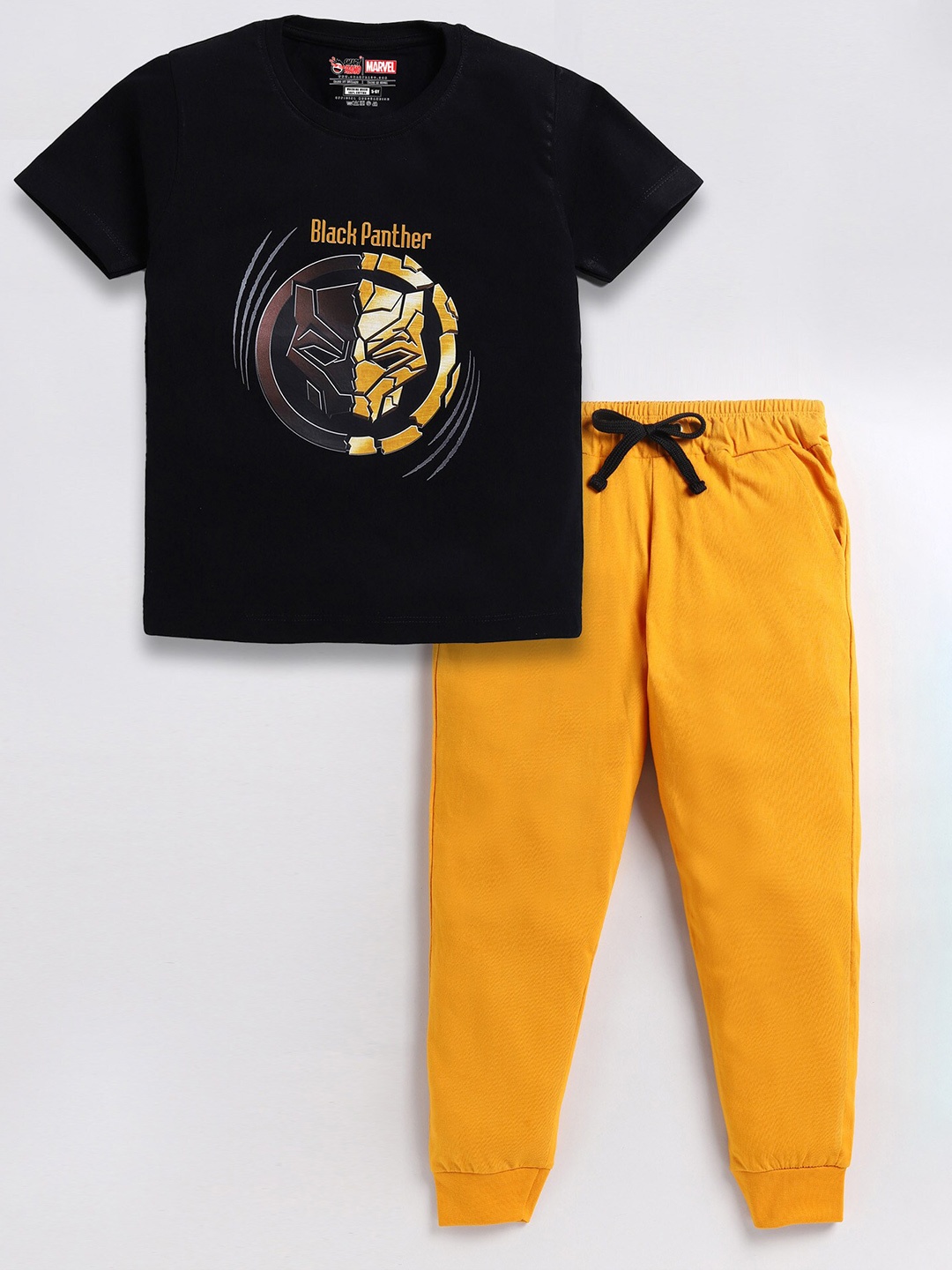 

BAESD Boys Black Panther Graphic Printed Pure Cotton T-Shirt With Trousers, Mustard