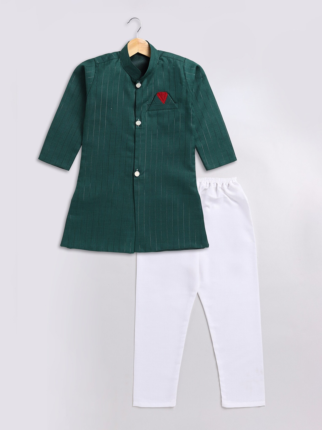 

BAESD Boys Green Striped Regular Pure Cotton Kurta With Pyjamas
