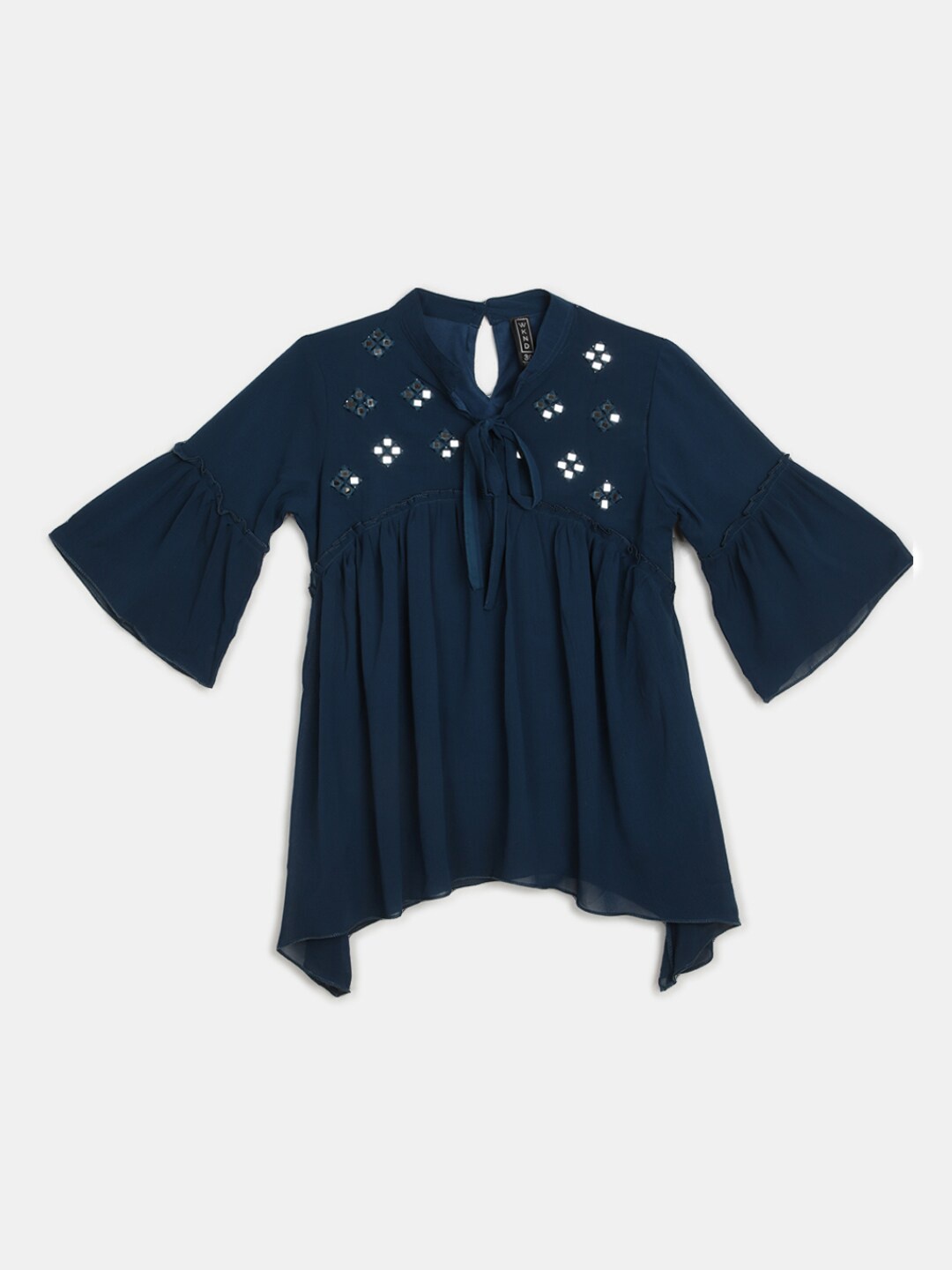 

V-Mart Tie-Up Neck Bell Sleeve Mirror Work A-Line Top, Blue