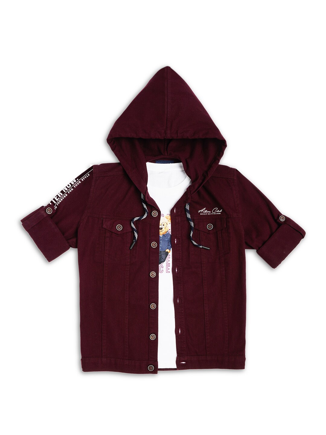 

CAVIO Boys Comfort Hooded Cotton Casual Shacket With T-shirt, Maroon