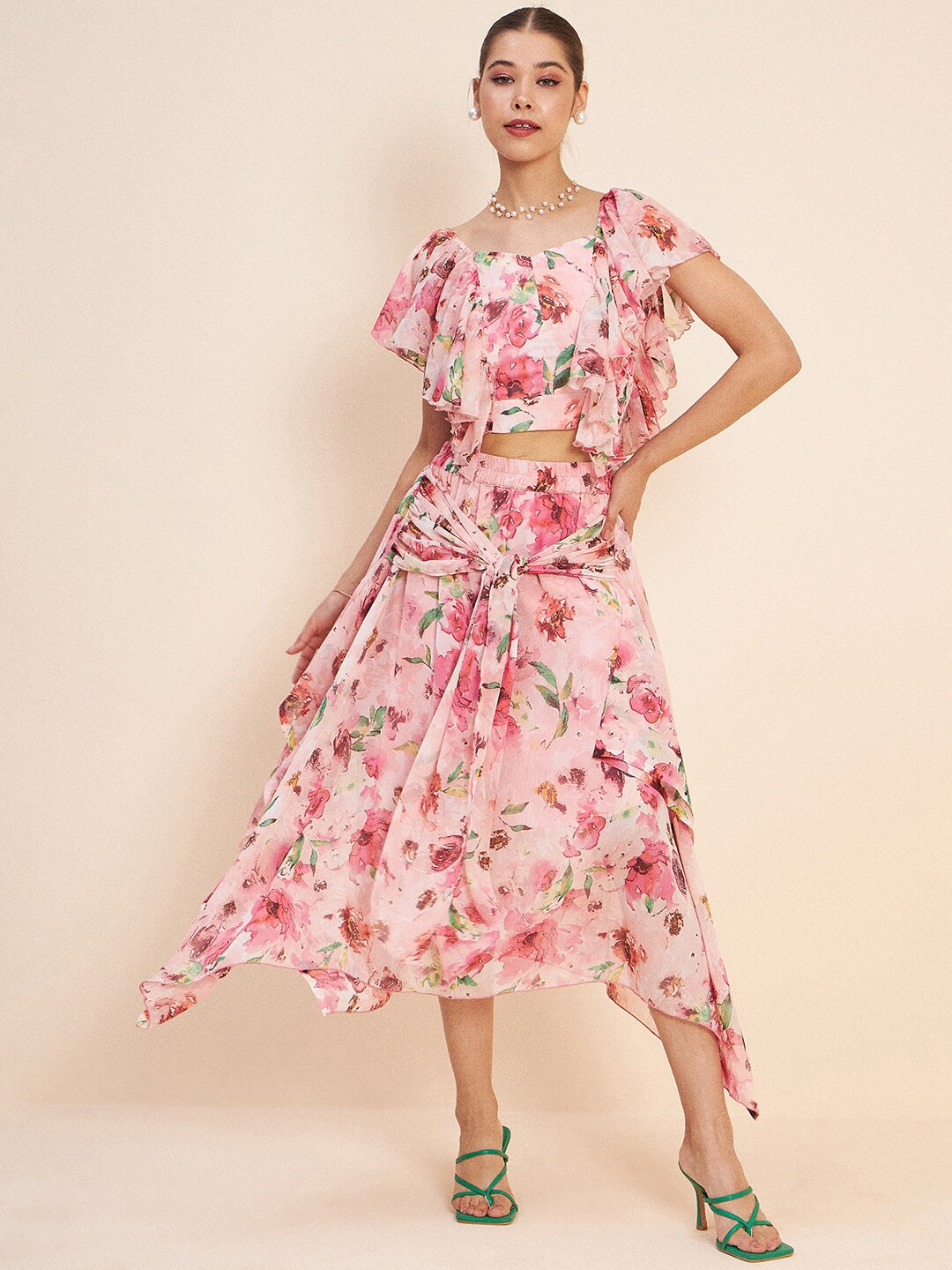 

Antheaa Floral Printed Ruffled Crop Top & Skirt, Pink