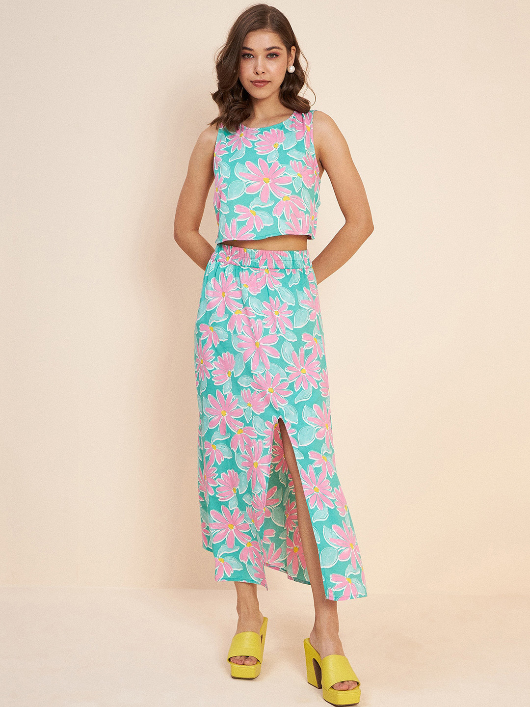 

Antheaa Floral Printed Crop Top & Midi Skirt, Sea green