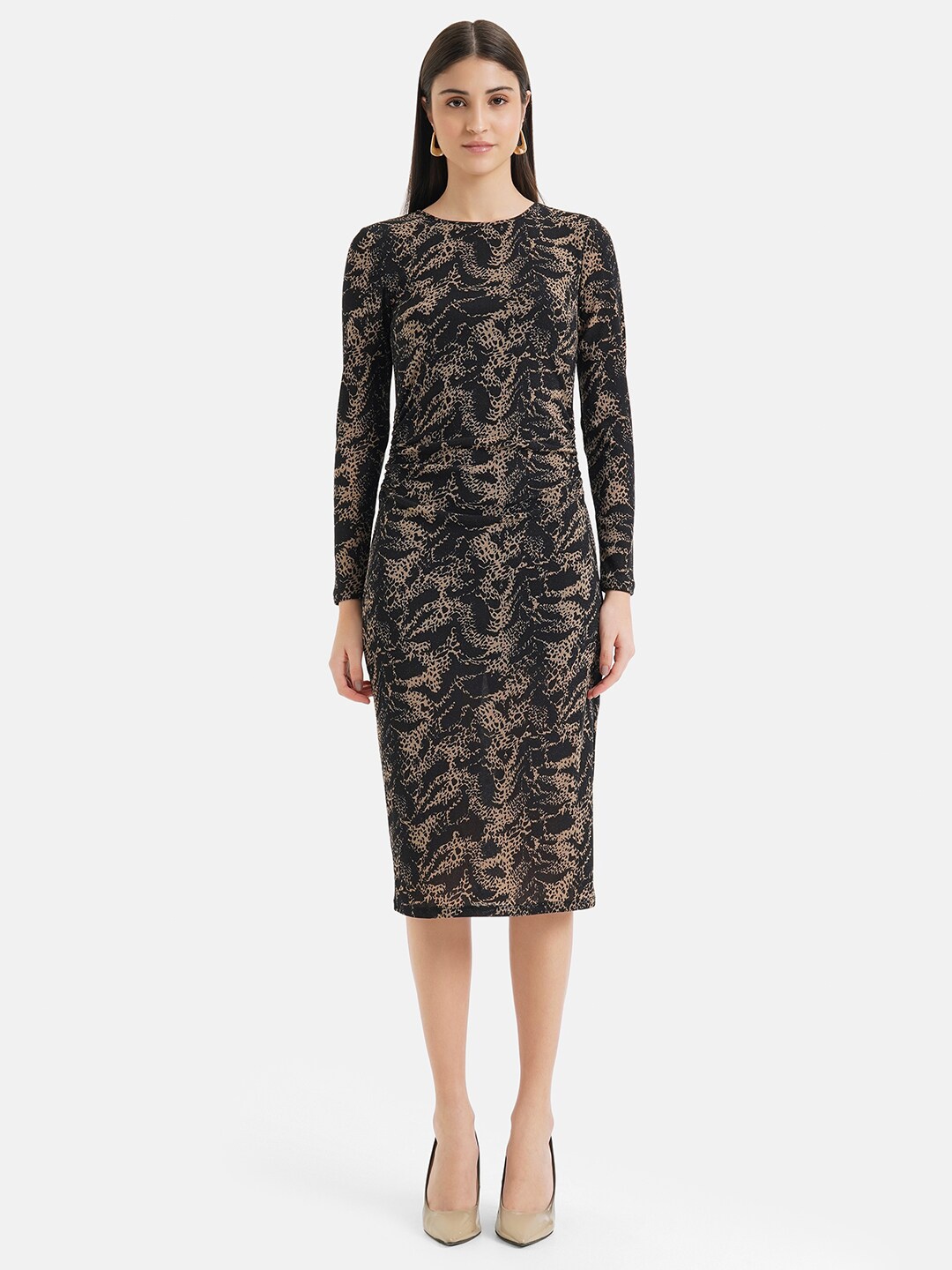 

Kazo Abstract Printed Puffed Sleeves Sheath Midi Dress, Black