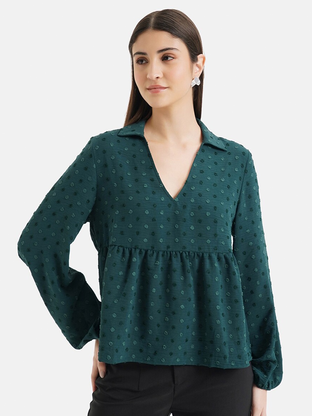 

Kazo Self Design Shirt Collar Peplum Top, Green