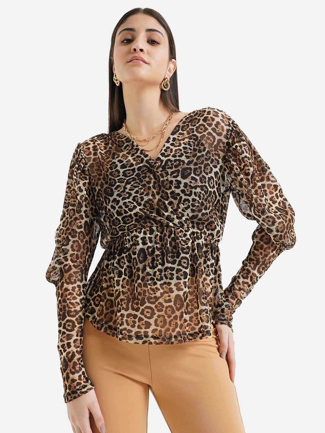 

Kazo Animal Printed Peplum Top, Beige