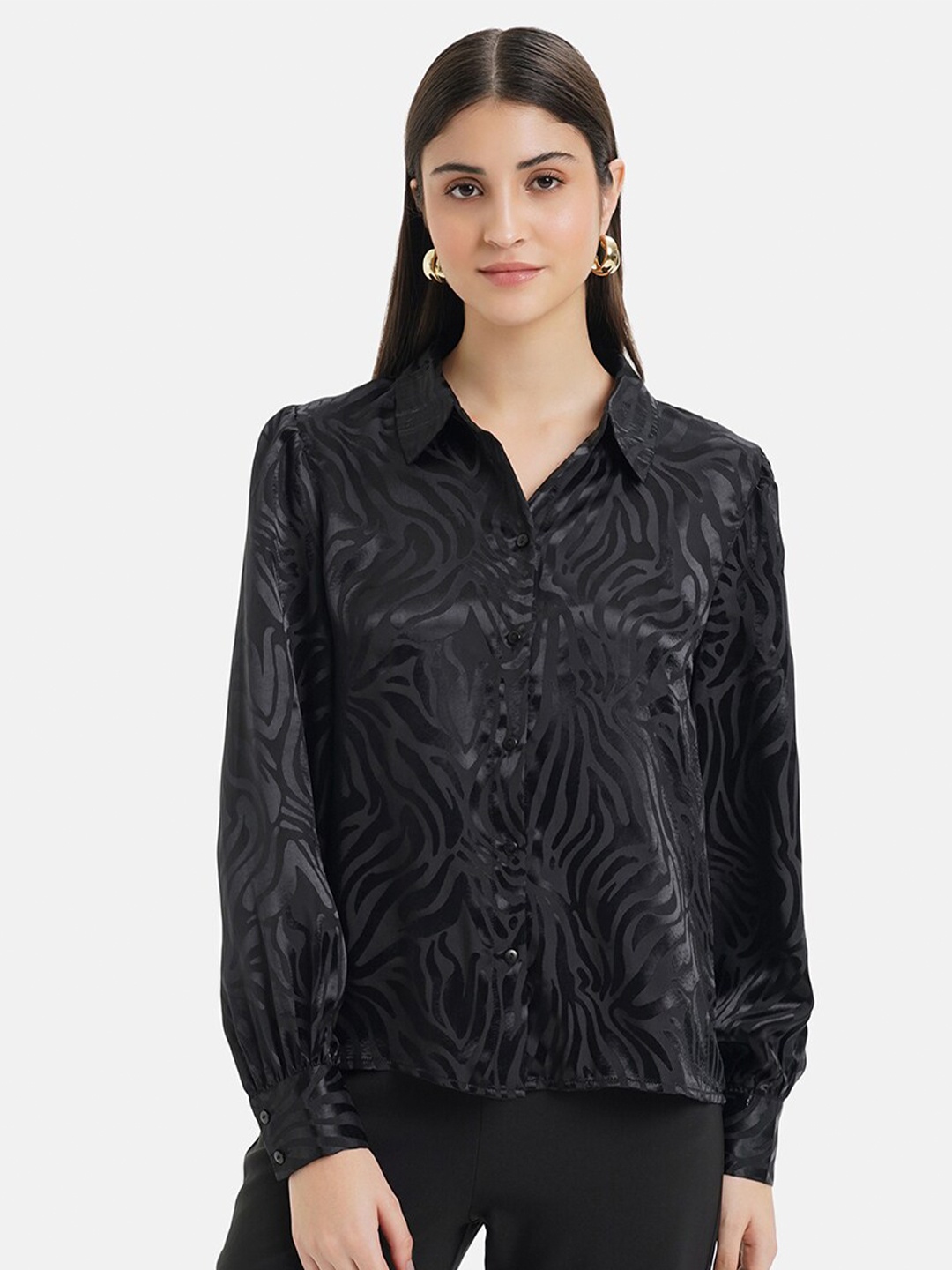 Kazo Classic Fit Abstract Printed Satin Casual Shirt, Black