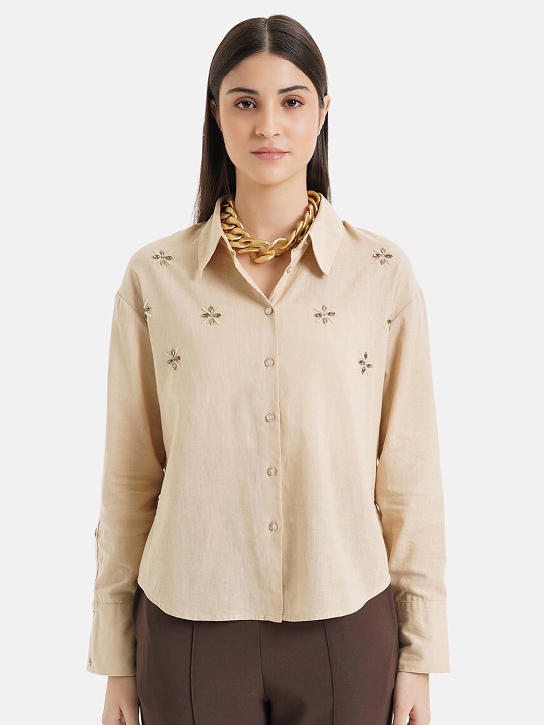 

Kazo Classic Self Design Embellished Cotton Shirt, Beige