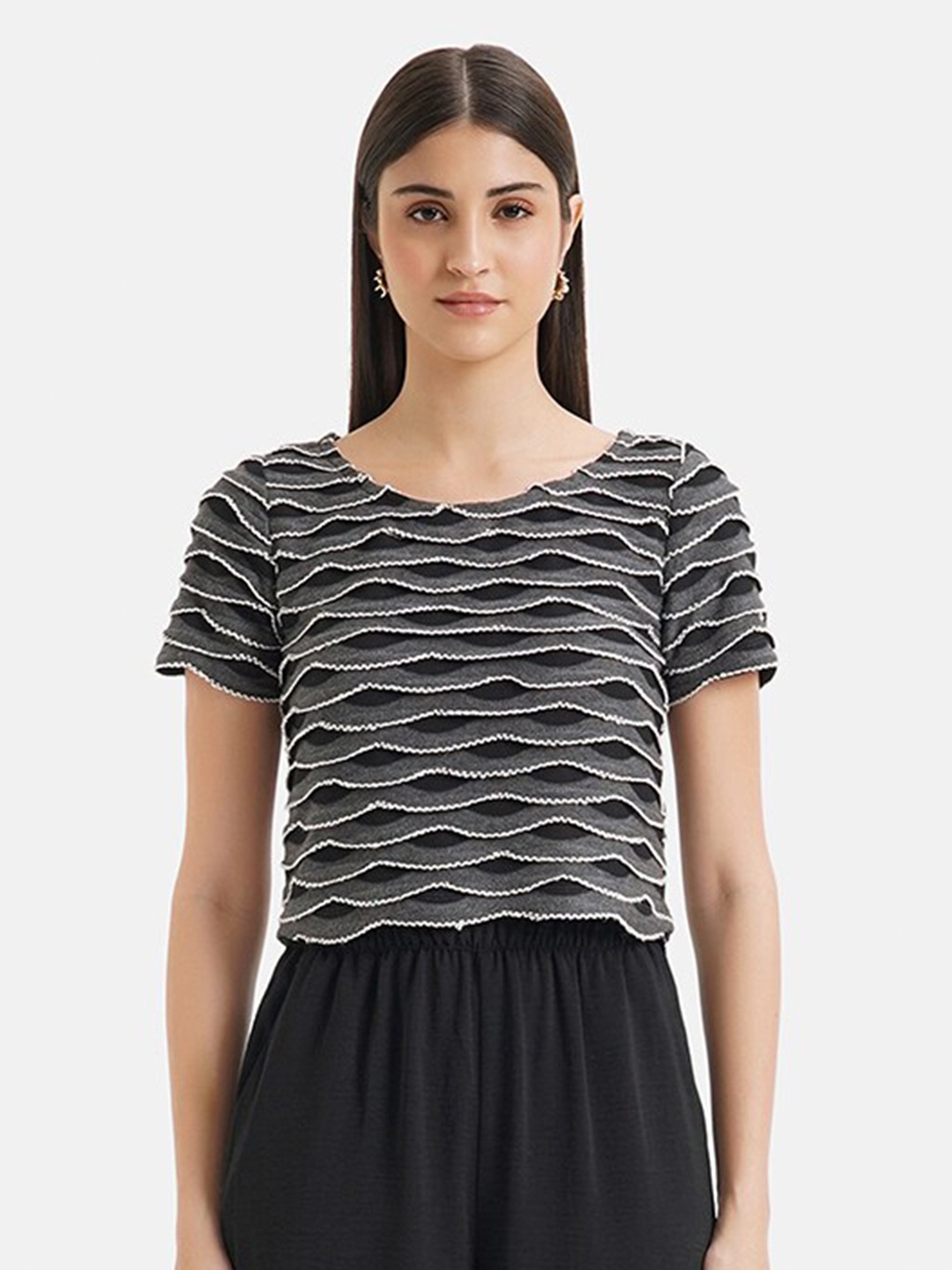 

Kazo Self Design Round Neck Top, Black
