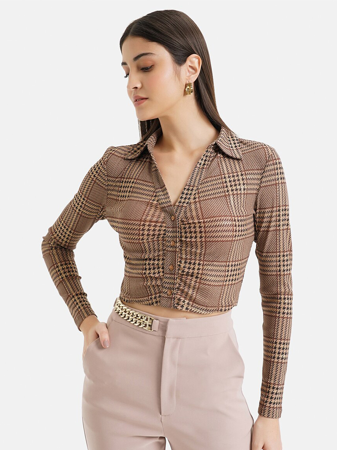 

Kazo Shirt Collar Checked Top, Beige
